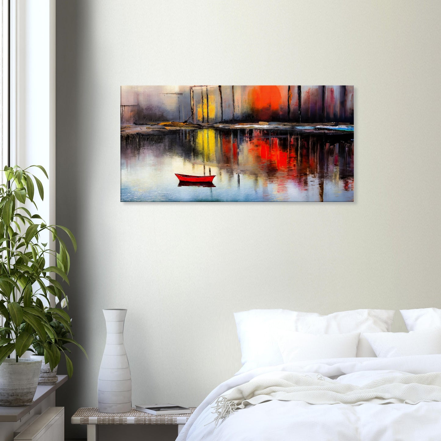 Boat-02-21a, mural, canvas, boat, quay wall, harbor, water reflection, picturesque, colorful, red, blue, yellow,