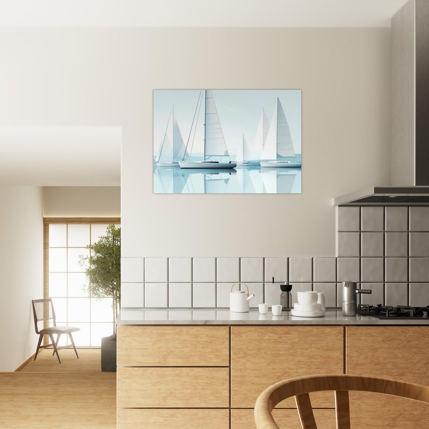 Sailboats on calm water - High-key digital art poster for maritime art lovers