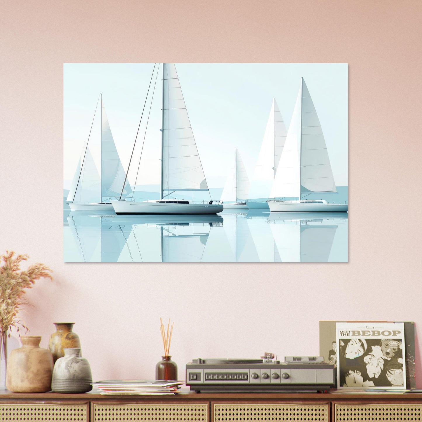 Sailboats on calm water - High-key digital art poster for maritime art lovers