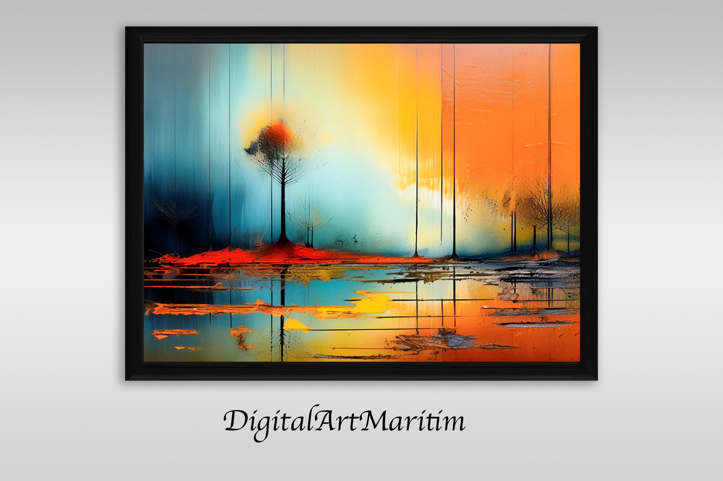 Trees on the shore abstract-47a, premium poster on matte paper, wall picture, unframed, lake, blue, red, orange, minimalist, painting