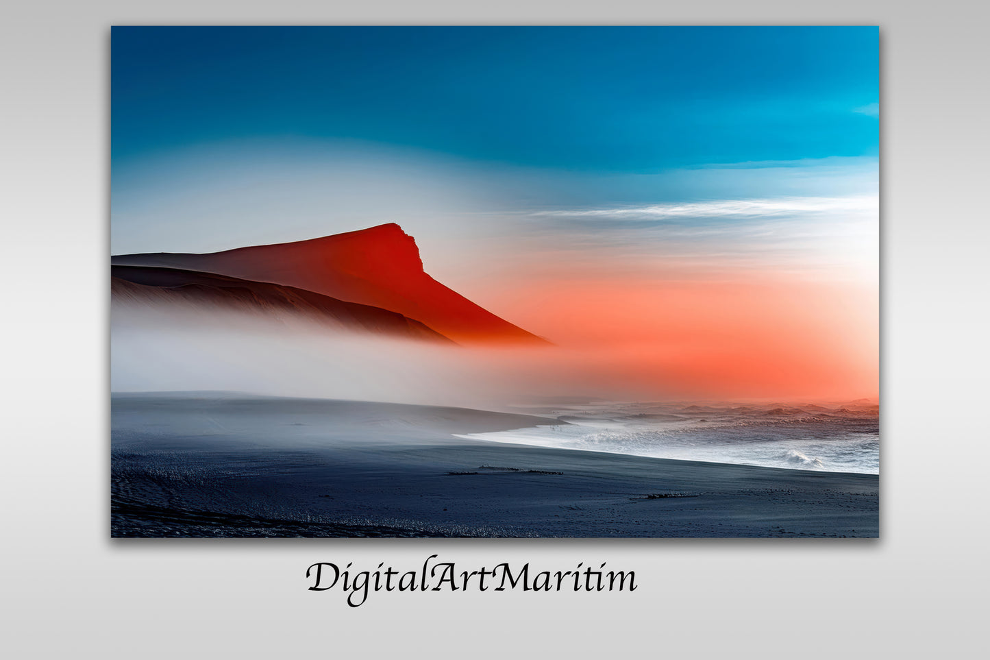 Coast at sunset-01a, premium poster on matte paper, wall picture, unframed, lake, coast, blue, orange, minimalist, painting