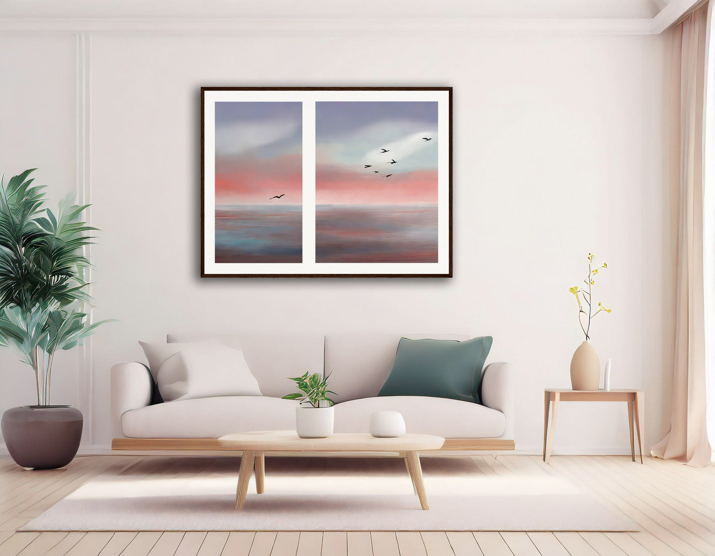 Peinture murale oiseaux sur la côte abstract-01, affiche sur papier mat de qualité musée avec cadre en bois, mer
