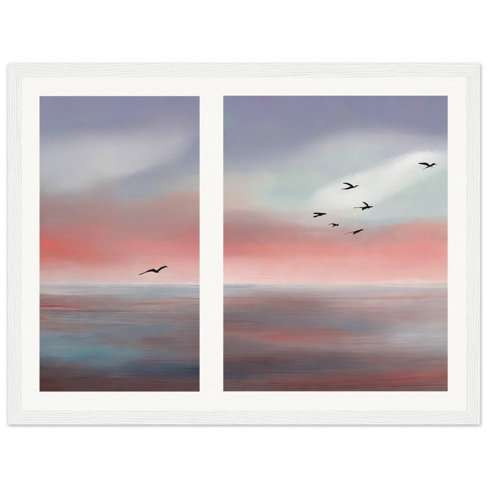 Peinture murale oiseaux sur la côte abstract-01, affiche sur papier mat de qualité musée avec cadre en bois, mer