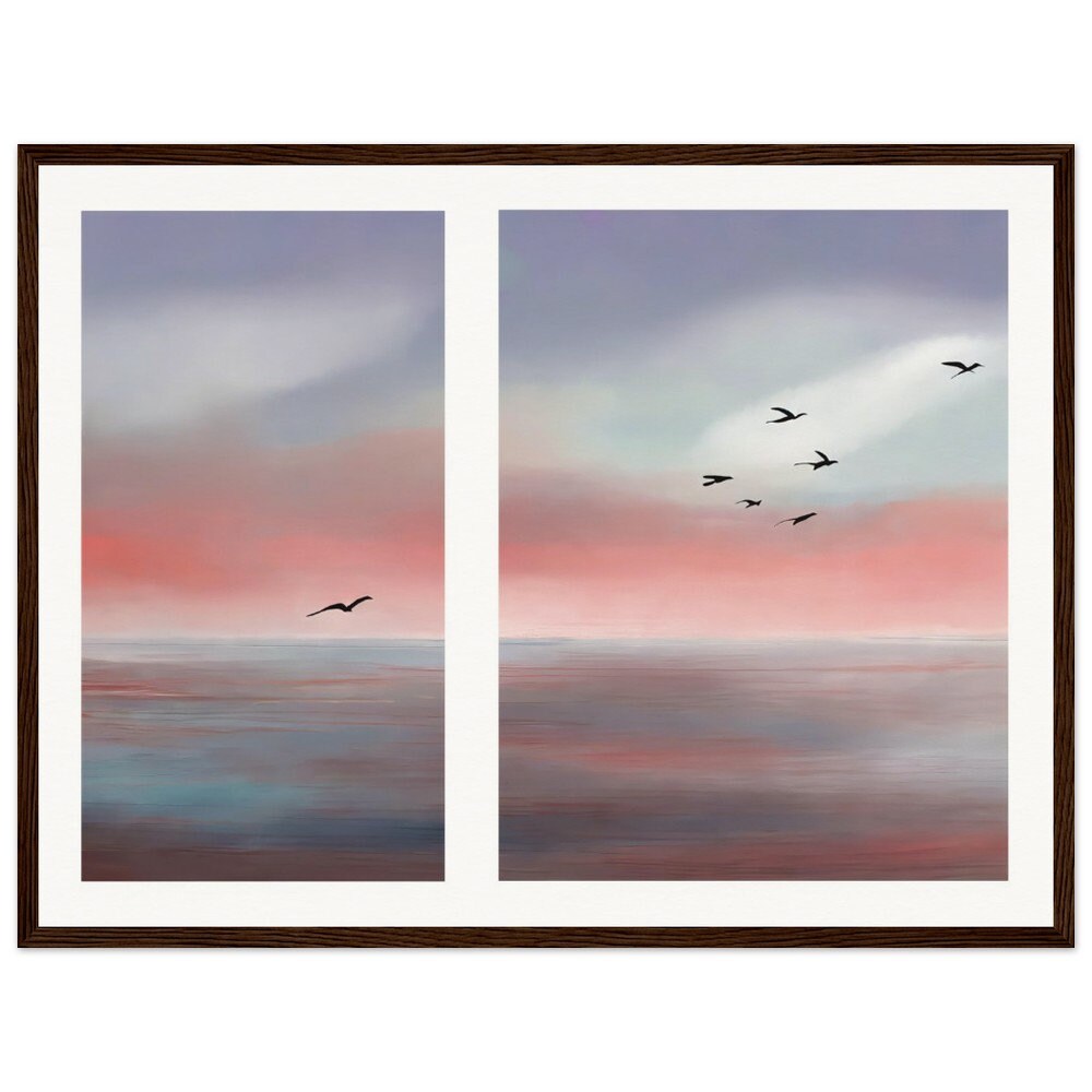 Peinture murale oiseaux sur la côte abstract-01, affiche sur papier mat de qualité musée avec cadre en bois, mer