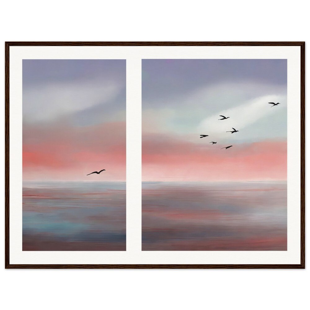 Peinture murale oiseaux sur la côte abstract-01, affiche sur papier mat de qualité musée avec cadre en bois, mer