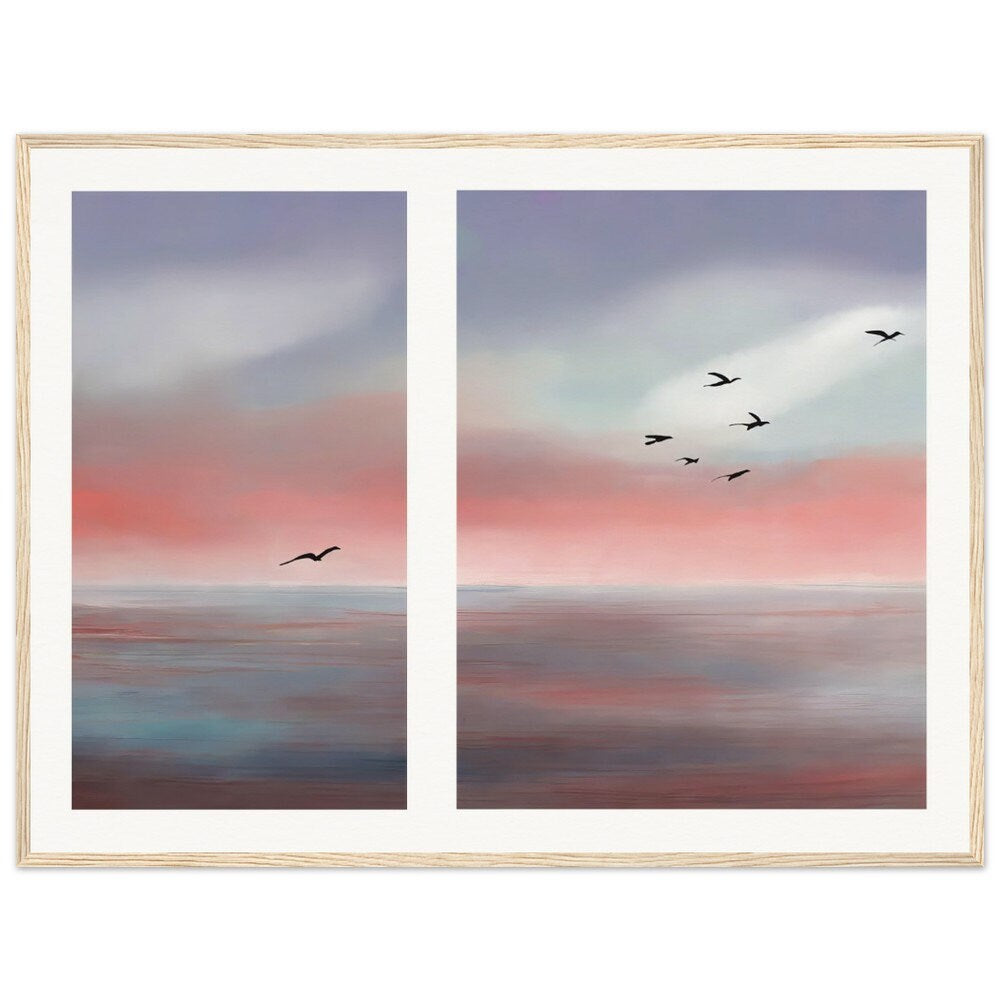 Peinture murale oiseaux sur la côte abstract-01, affiche sur papier mat de qualité musée avec cadre en bois, mer