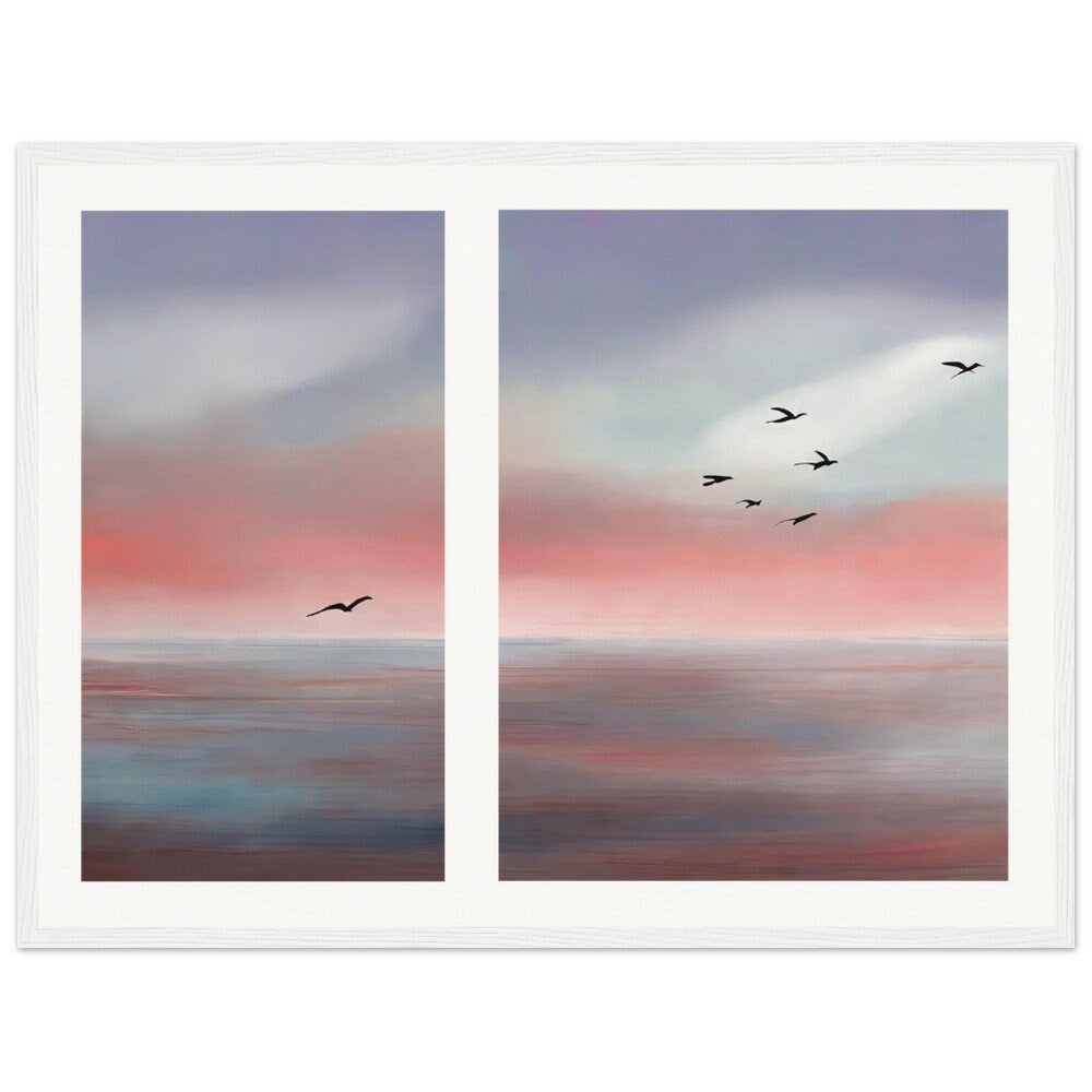 Peinture murale oiseaux sur la côte abstract-01, affiche sur papier mat de qualité musée avec cadre en bois, mer