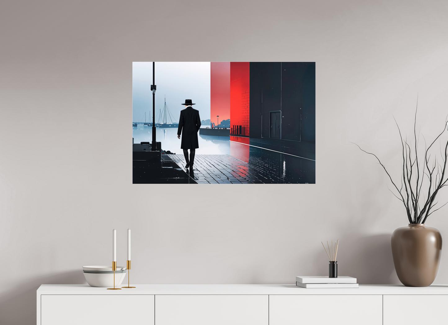 90 x 60 cm, Acrylglas glänzend standard Mann in Hafenstadt -noir city- 01