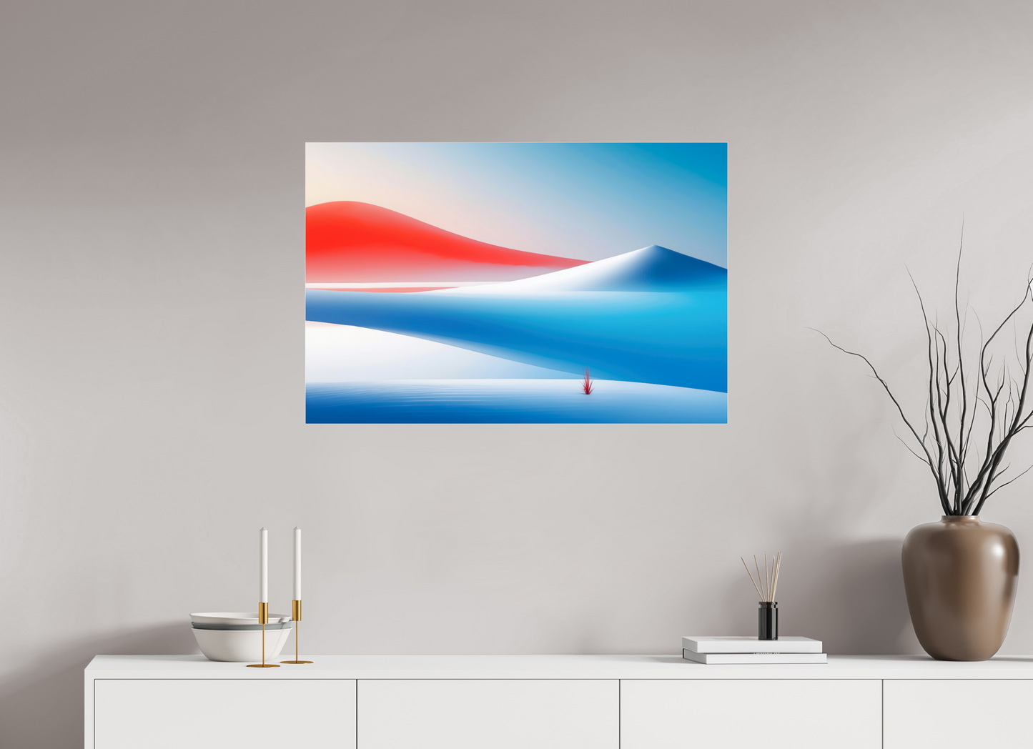 90 x 60 cm, Acrylglas glänzend standard Rotes Leuchten, blaue Stille—Wandkunst, Fine Art Print, Leinwand, Acryldruck, Alu-Dibond