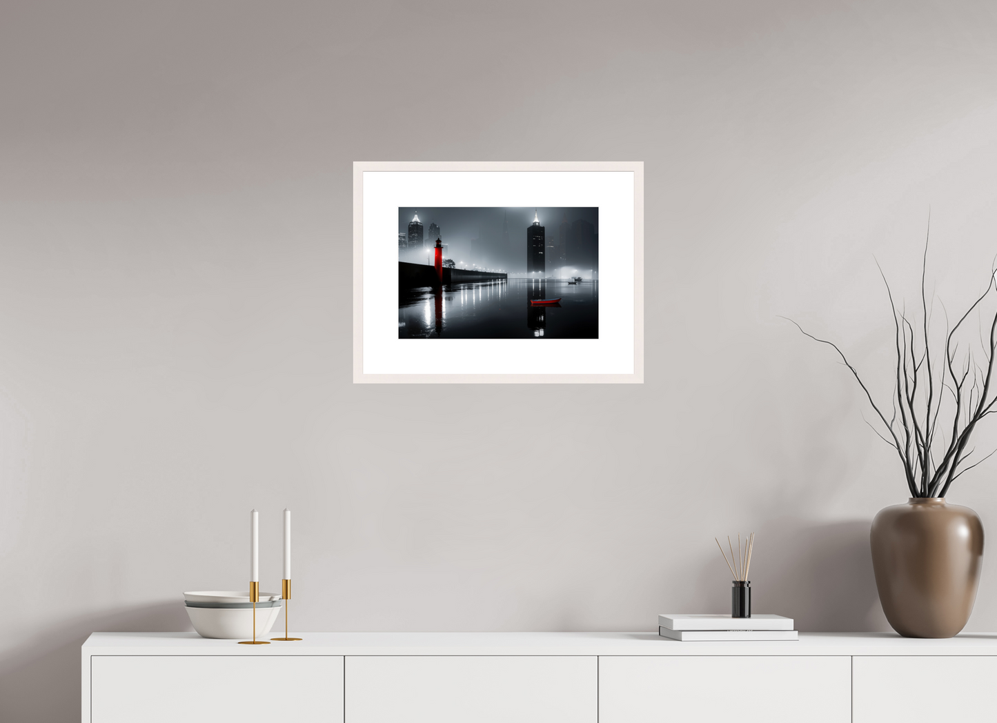 45 x 30 cm, Fine Art Print gerahmt Hafenstadt bei Nacht -noir city- 01