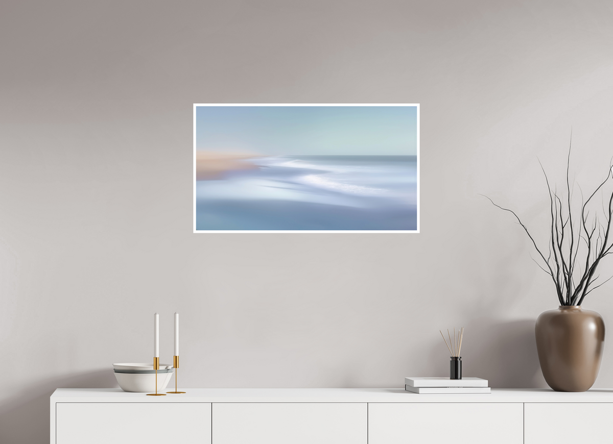 80 x 45 cm, Fine Art Print Hahnemühle Baryta Verwehter Horizont – Strandlicht in Blau—Wandkunst, Fine Art Print, Leinwand, Acryldruck, Alu-Dibond