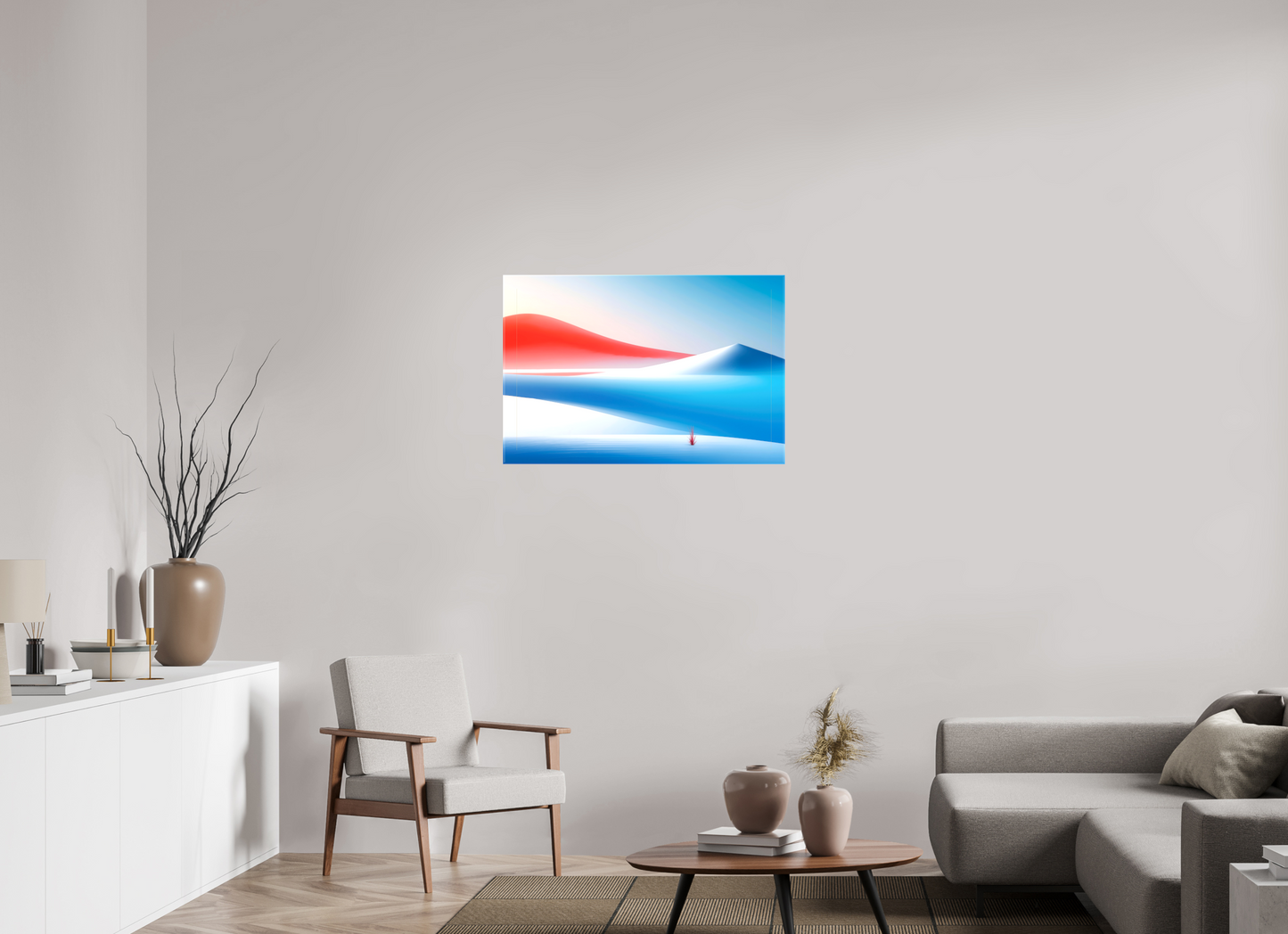 90 x 60 cm, Leinwand glänzend Rotes Leuchten, blaue Stille—Wandkunst, Fine Art Print, Leinwand, Acryldruck, Alu-Dibond