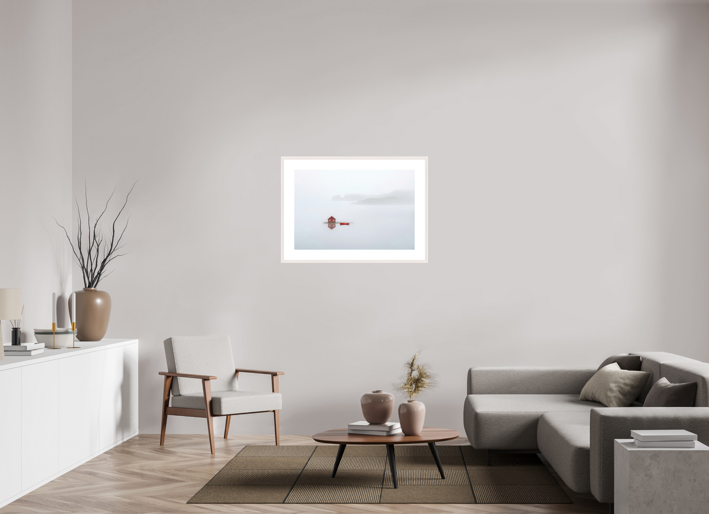 90 x 60 cm, Fine Art Print gerahmt Im Küstennebel ein Zuhause--Wandbild, Wandkunst, Fine Art Print, Leinwand, Acryldruck, Alu-Dibond