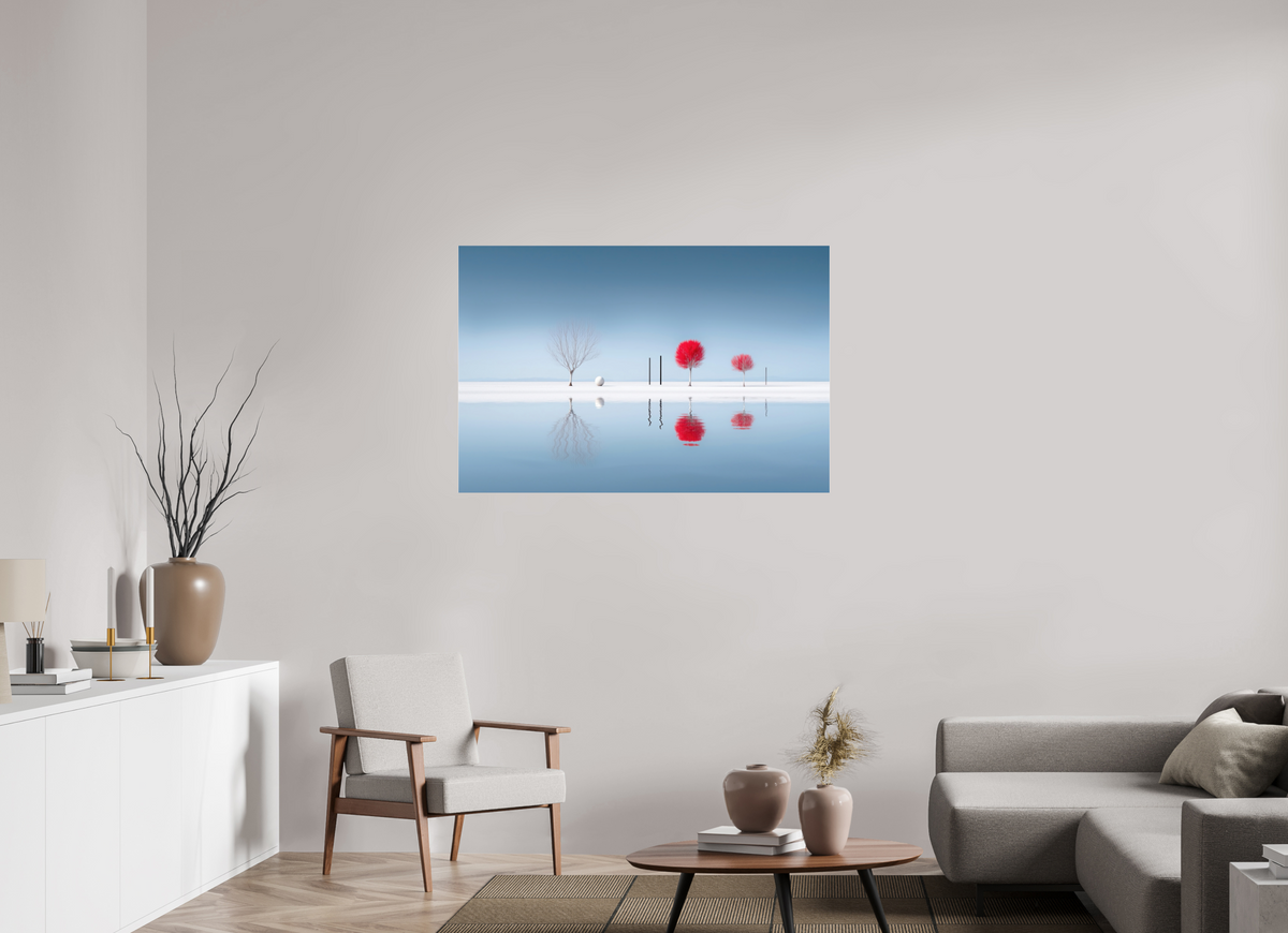 120 x 80 cm, Acrylglas glänzend standard Rote Stille am Ufer—Wandkunst, Fine Art Print, Leinwand, Acryldruck, Alu-Dibond