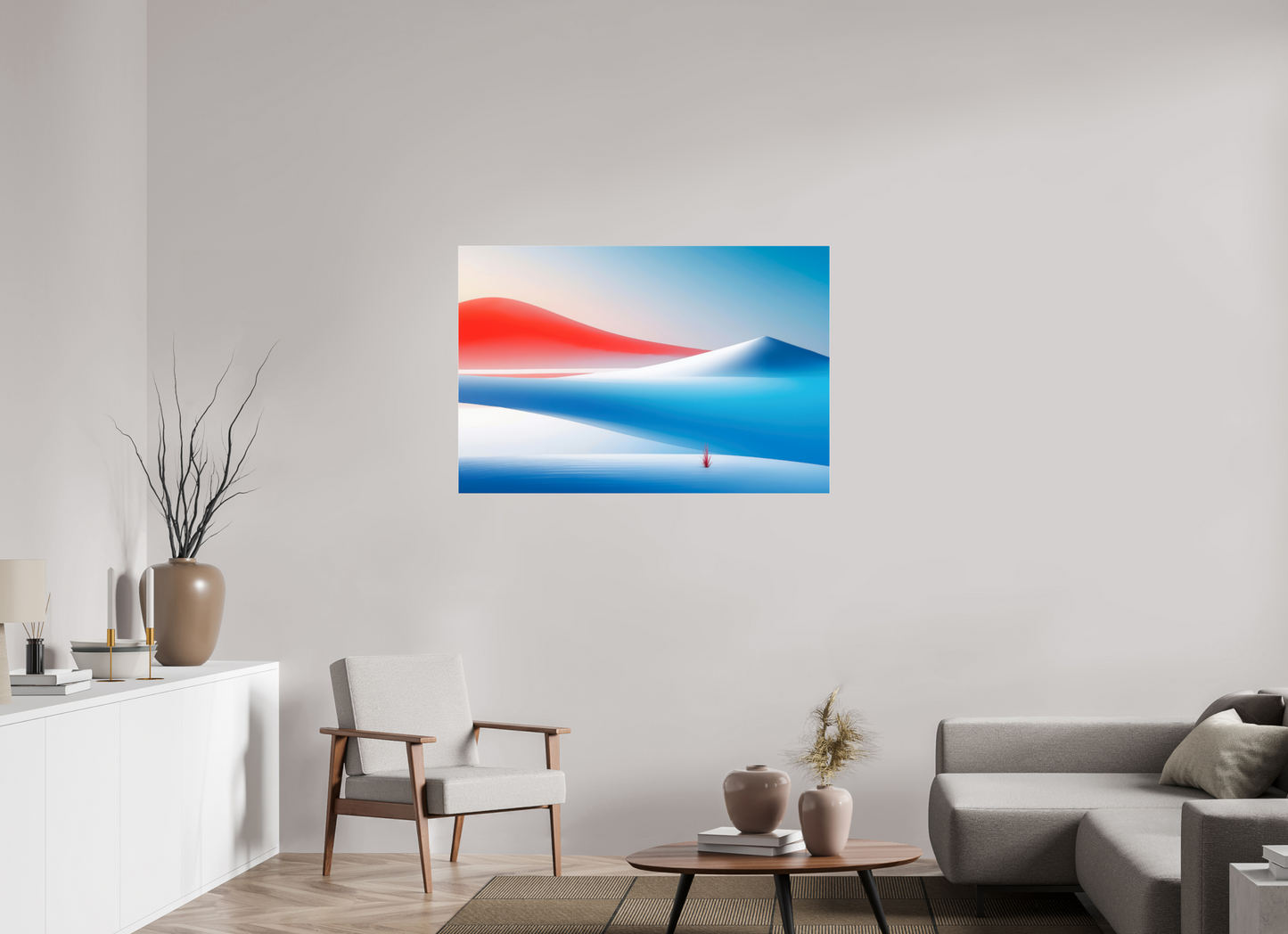 120 x 80 cm, Acrylglas glänzend standard Rotes Leuchten, blaue Stille—Wandkunst, Fine Art Print, Leinwand, Acryldruck, Alu-Dibond