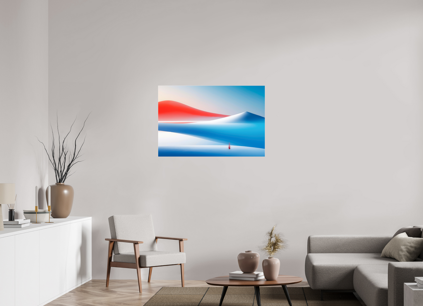 105 x 70 cm, Acrylglas glänzend standard Rotes Leuchten, blaue Stille—Wandkunst, Fine Art Print, Leinwand, Acryldruck, Alu-Dibond