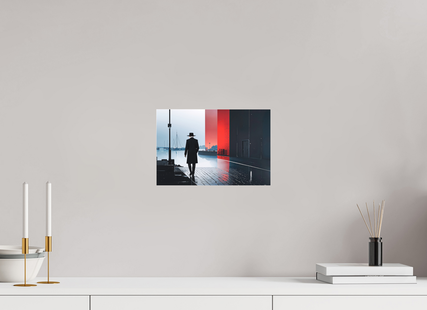 30 x 20 cm, Fine Art Pigmentdruck hinter Acrylglas Mann in Hafenstadt -noir city- 01