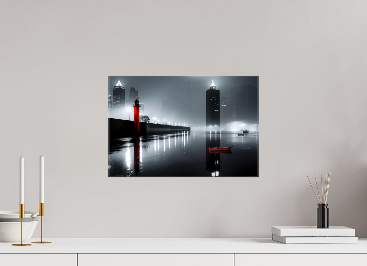 45 x 30 cm, Leinwand glänzend Hafenstadt bei Nacht -noir city- 01