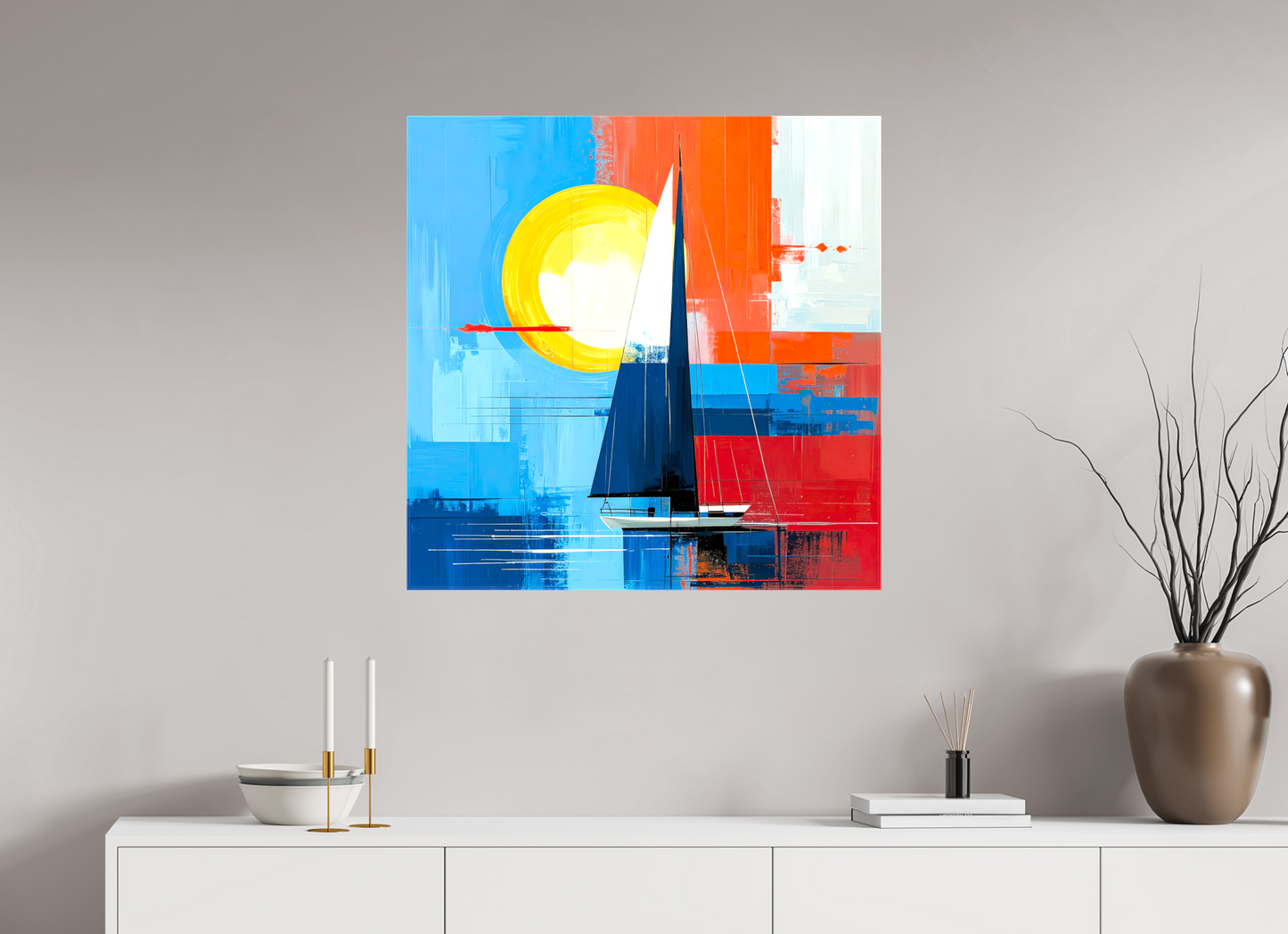 80 x 80 cm, Leinwand glänzend Segelboot-Kunst – Licht, Farbe und Bewegung