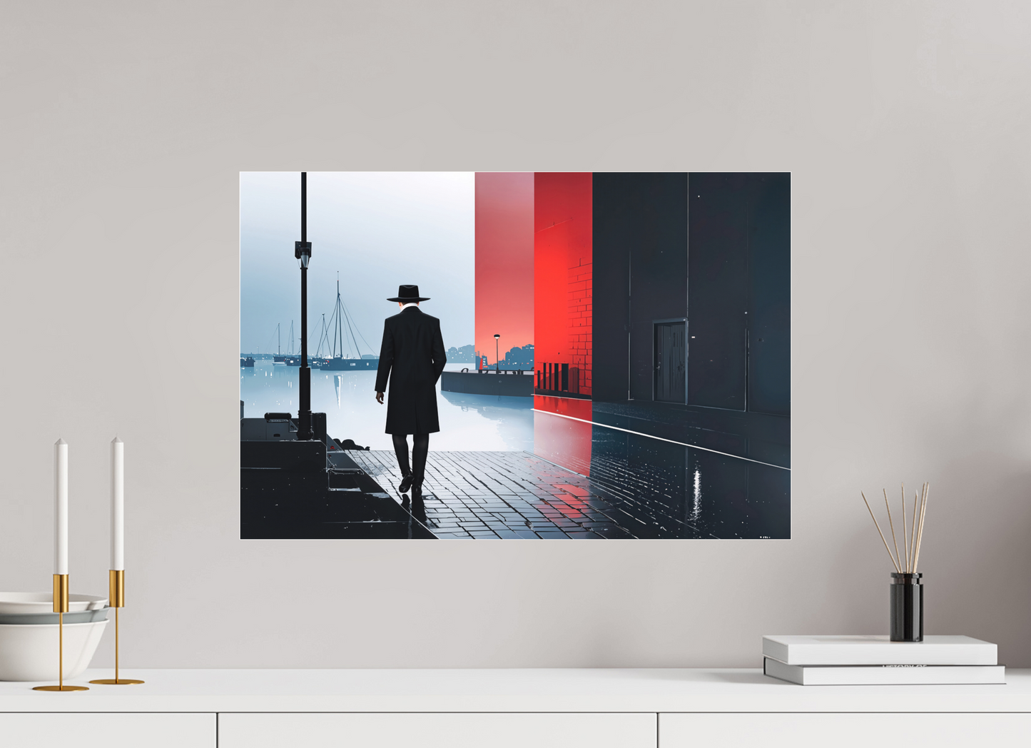 60 x 40 cm, Fine Art Pigmentdruck hinter Acrylglas Mann in Hafenstadt -noir city- 01