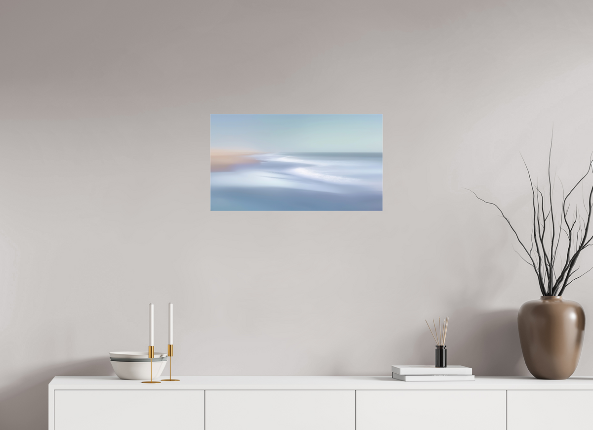 64 x 36 cm, Fine Art Pigmentdruck hinter Acrylglas Verwehter Horizont – Strandlicht in Blau—Wandkunst, Fine Art Print, Leinwand, Acryldruck, Alu-Dibond