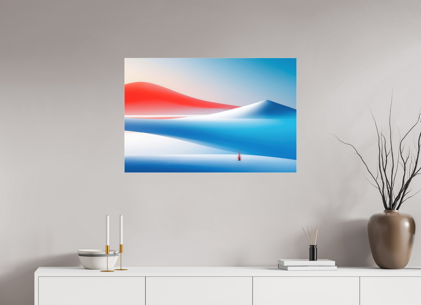 90 x 60 cm, Fine Art Pigmentdruck hinter Acrylglas Rotes Leuchten, blaue Stille—Wandkunst, Fine Art Print, Leinwand, Acryldruck, Alu-Dibond