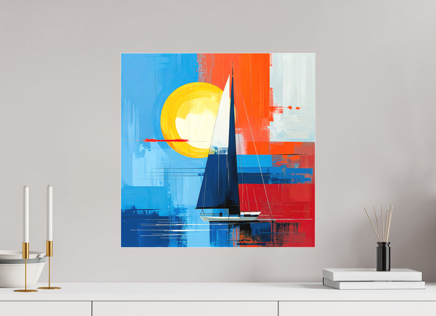 50 x 50 cm, Fine Art Pigmentdruck hinter Acrylglas Segelboot-Kunst – Licht, Farbe und Bewegung