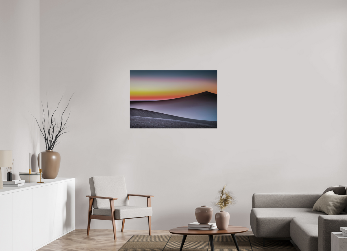 105 x 70 cm, Fine Art Pigmentdruck hinter Acrylglas Dämmerung über der Düne—Wandkunst, Fine Art Print, Leinwand, Acryldruck, Alu-Dibond