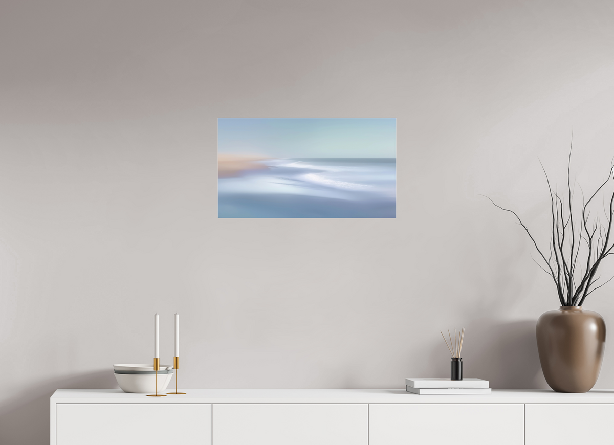 64 x 36 cm, Acrylglas glänzend standard Verwehter Horizont – Strandlicht in Blau—Wandkunst, Fine Art Print, Leinwand, Acryldruck, Alu-Dibond