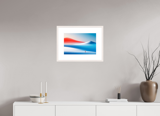 45 x 30 cm, Fine Art Print gerahmt Rotes Leuchten, blaue Stille—Wandkunst, Fine Art Print, Leinwand, Acryldruck, Alu-Dibond