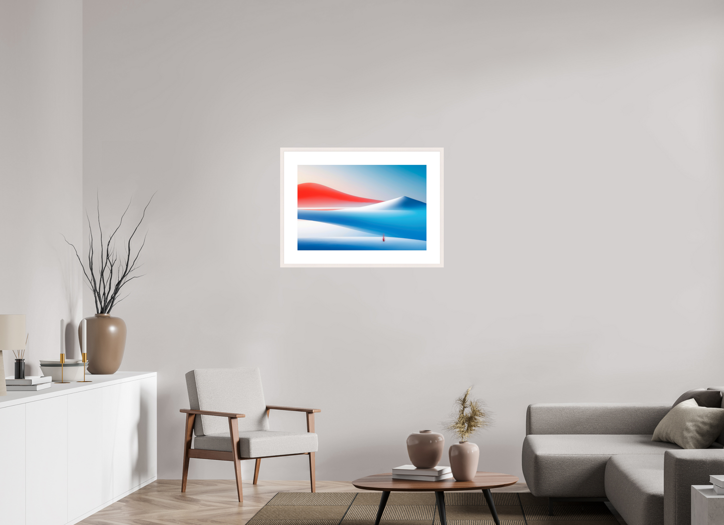 75 x 50 cm, Fine Art Print gerahmt Rotes Leuchten, blaue Stille—Wandkunst, Fine Art Print, Leinwand, Acryldruck, Alu-Dibond