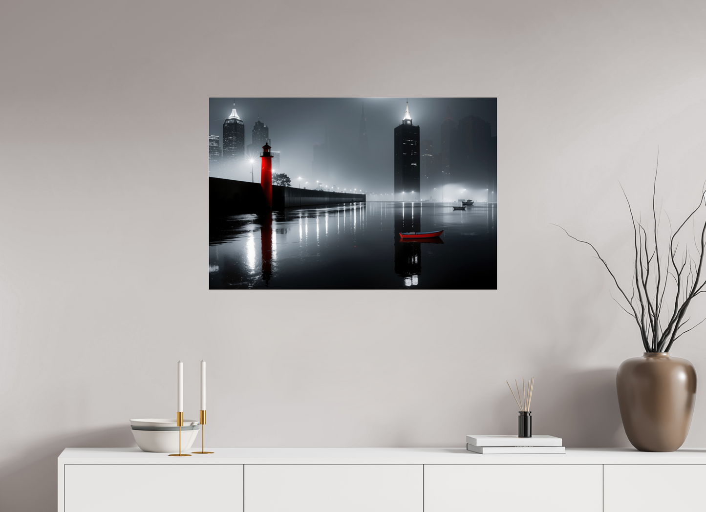 90 x 60 cm, Acrylglas glänzend standard Hafenstadt bei Nacht -noir city- 01