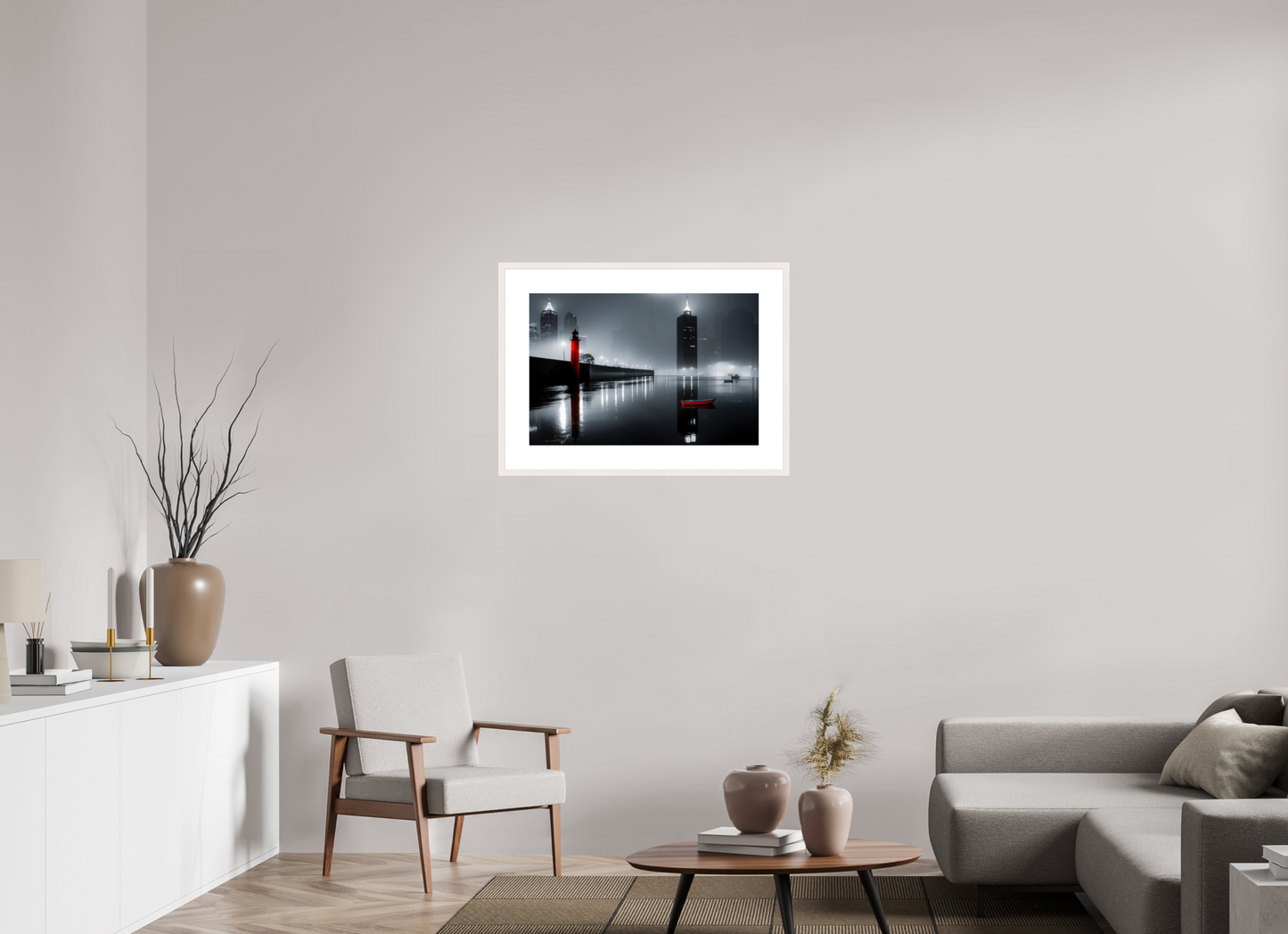 75 x 50 cm, Fine Art Print gerahmt Hafenstadt bei Nacht -noir city- 01