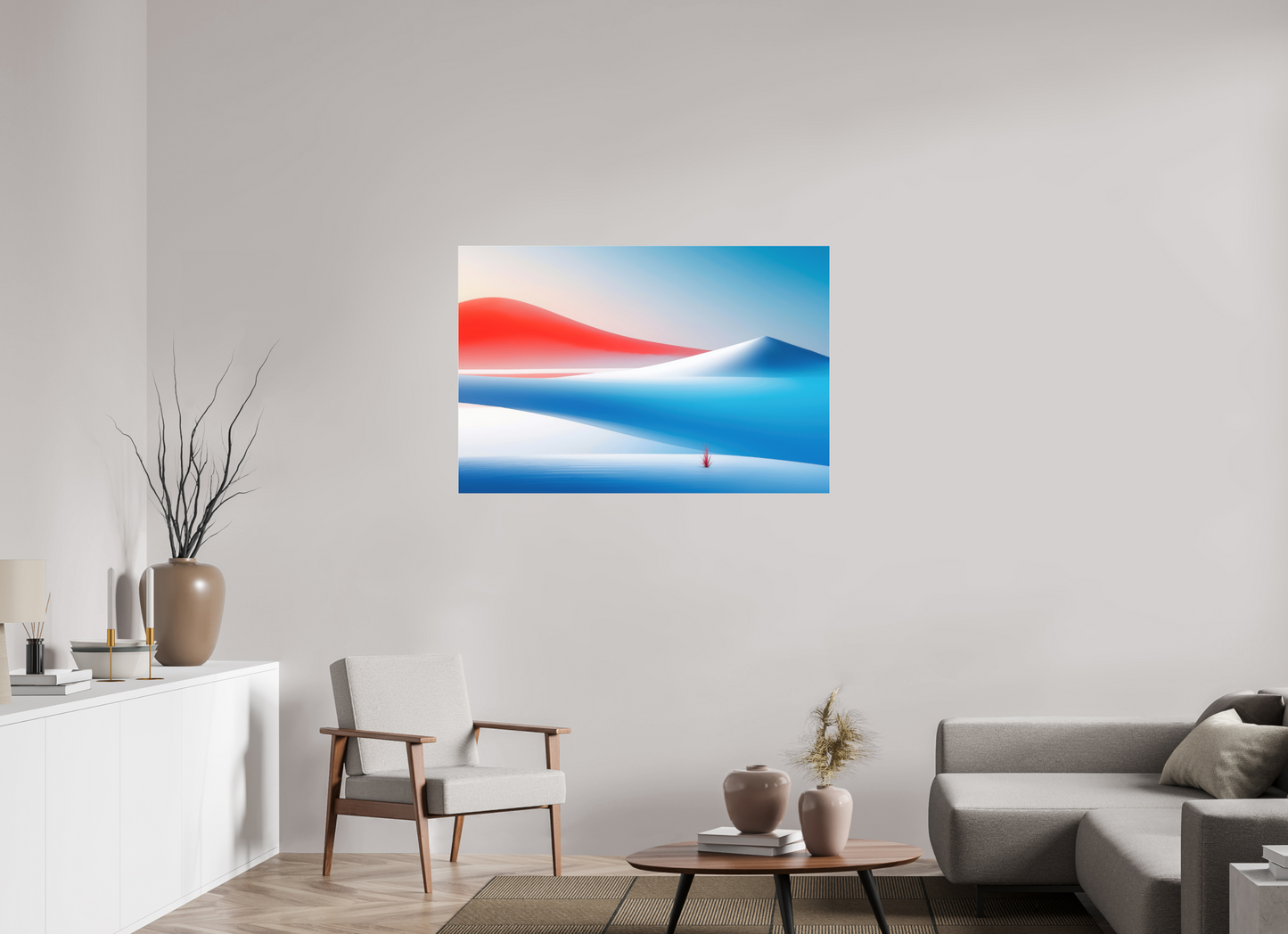 120 x 80 cm, Fine Art Pigmentdruck hinter Acrylglas Rotes Leuchten, blaue Stille—Wandkunst, Fine Art Print, Leinwand, Acryldruck, Alu-Dibond