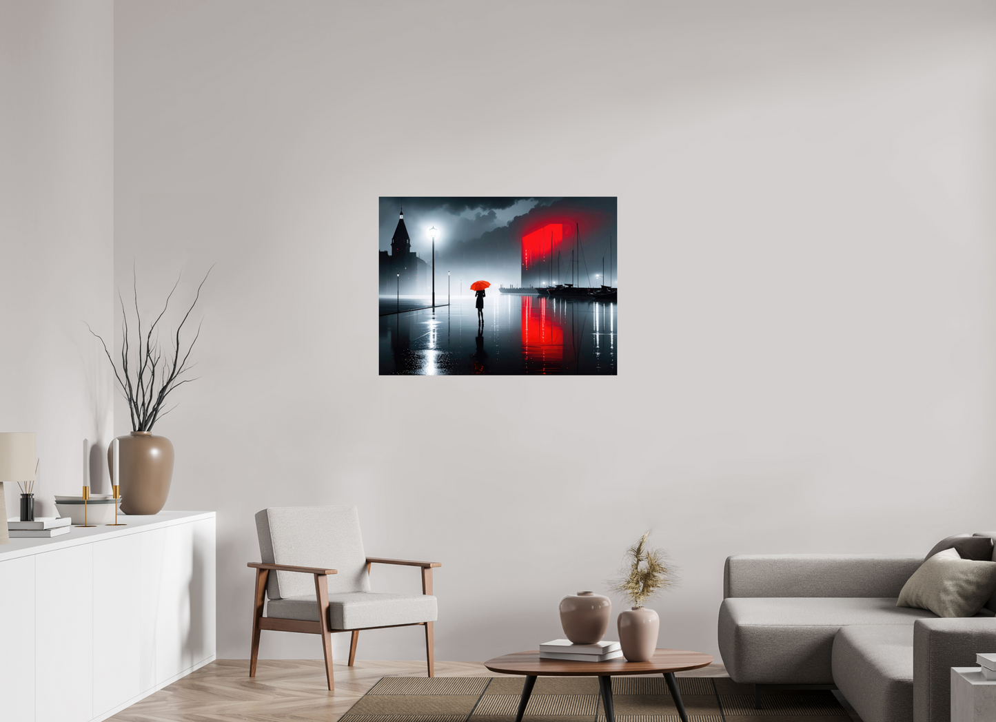 100 x 75 cm, Fine Art Print gerahmt Frau am Seglerhafen bei Nacht-01