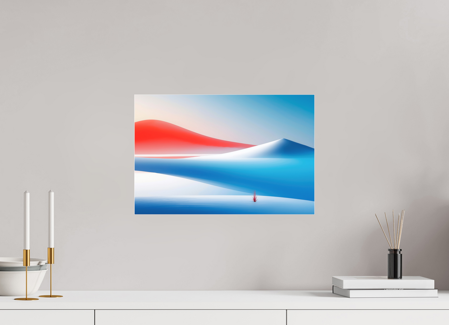 45 x 30 cm, Fine Art Pigmentdruck hinter Acrylglas Rotes Leuchten, blaue Stille—Wandkunst, Fine Art Print, Leinwand, Acryldruck, Alu-Dibond