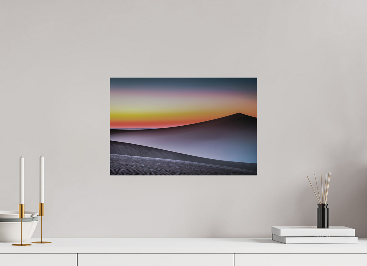 45 x 30 cm, Fine Art Pigmentdruck hinter Acrylglas Dämmerung über der Düne—Wandkunst, Fine Art Print, Leinwand, Acryldruck, Alu-Dibond