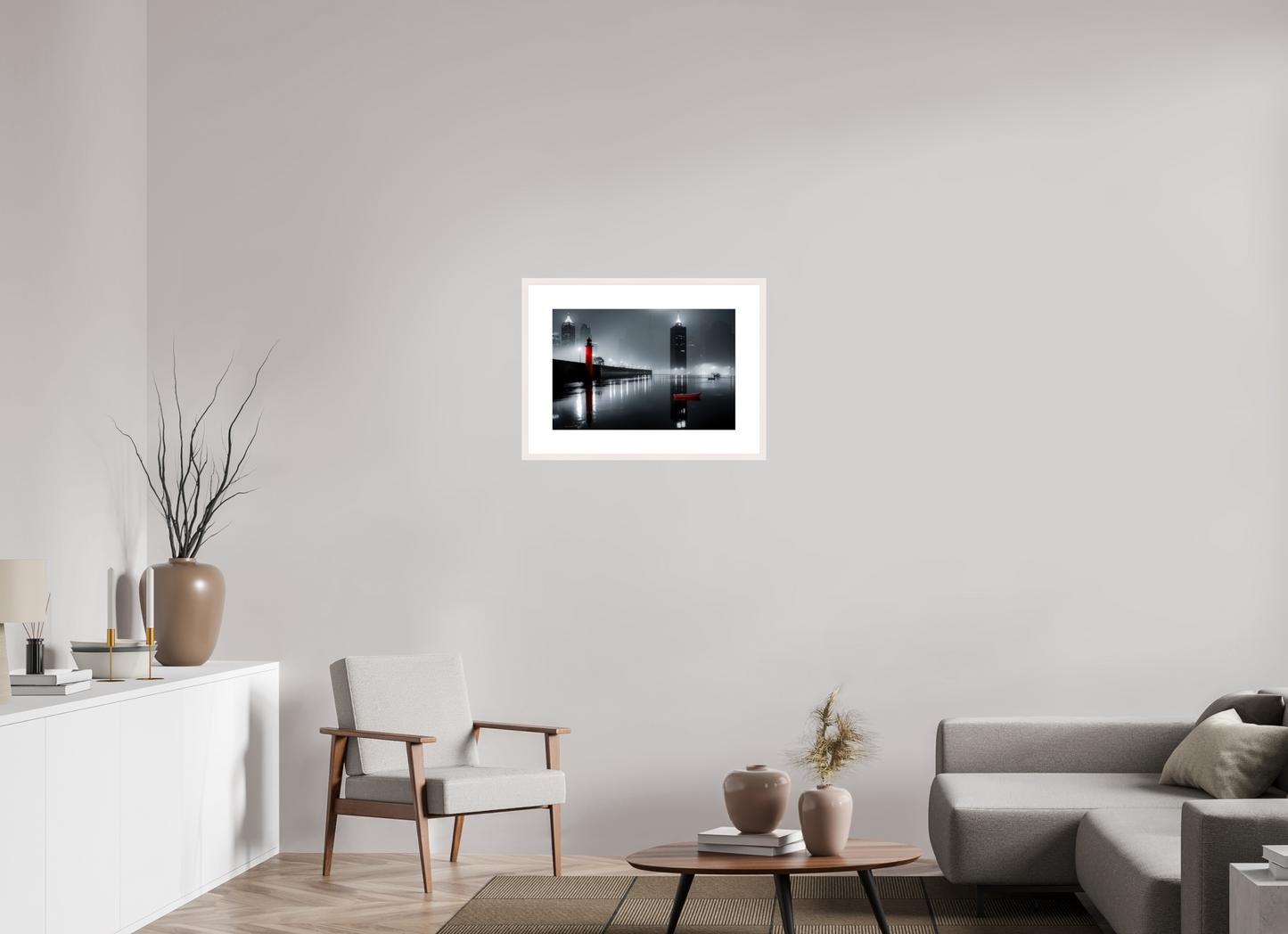 60 x 40 cm, Fine Art Print gerahmt Hafenstadt bei Nacht -noir city- 01
