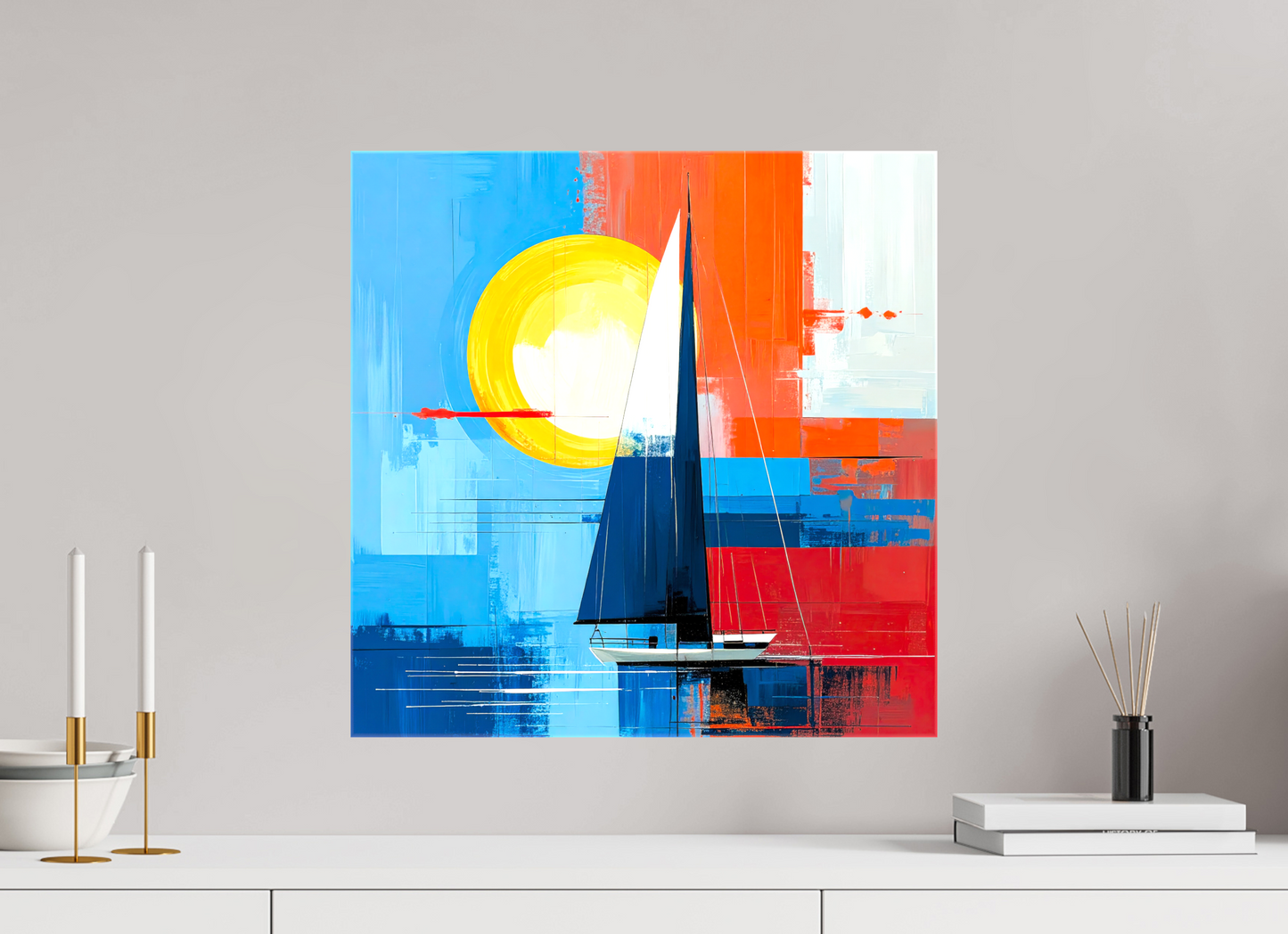 50 x 50 cm, Leinwand glänzend Segelboot-Kunst – Licht, Farbe und Bewegung