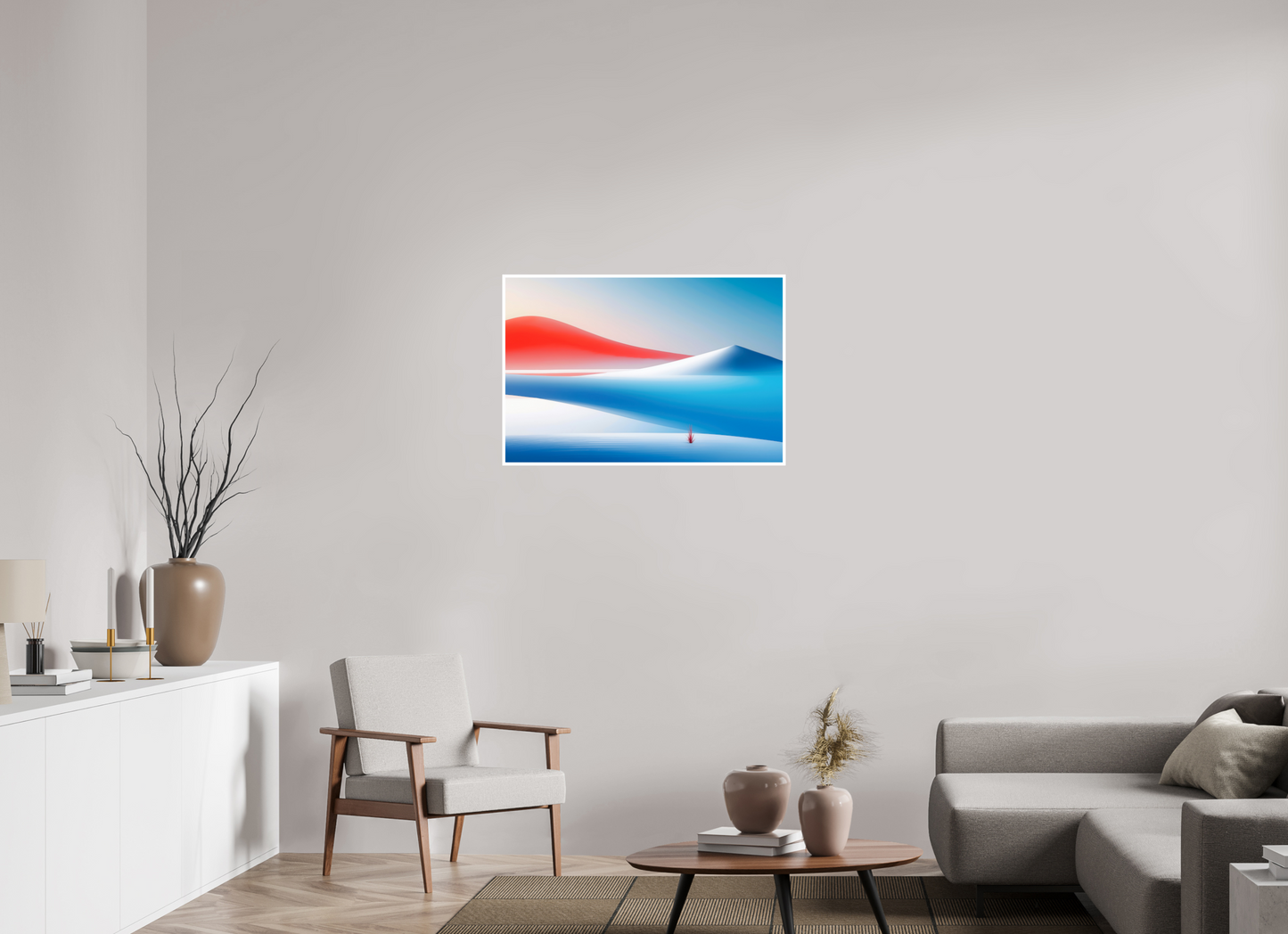 90 x 60 cm, Fine Art Print Hahnemühle Baryta Rotes Leuchten, blaue Stille—Wandkunst, Fine Art Print, Leinwand, Acryldruck, Alu-Dibond