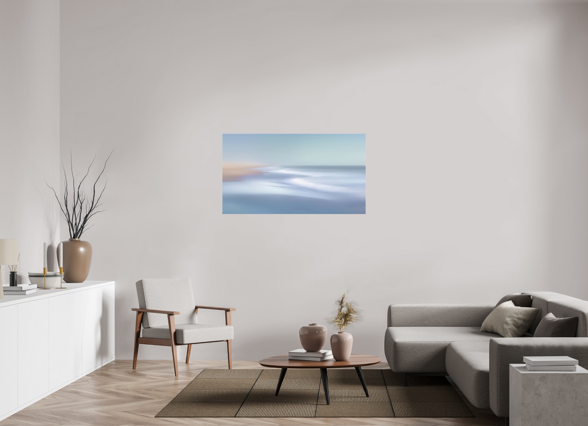 128 x 72 cm, Acrylglas glänzend standard Verwehter Horizont – Strandlicht in Blau—Wandkunst, Fine Art Print, Leinwand, Acryldruck, Alu-Dibond