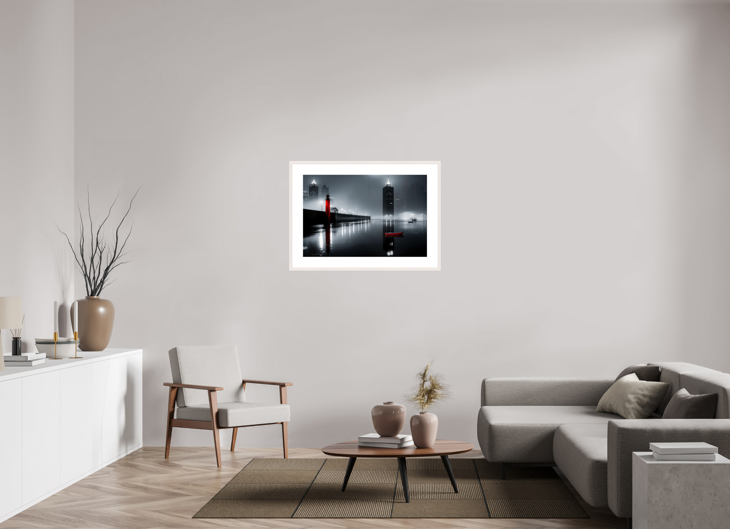 90 x 60 cm, Fine Art Print gerahmt Hafenstadt bei Nacht -noir city- 01