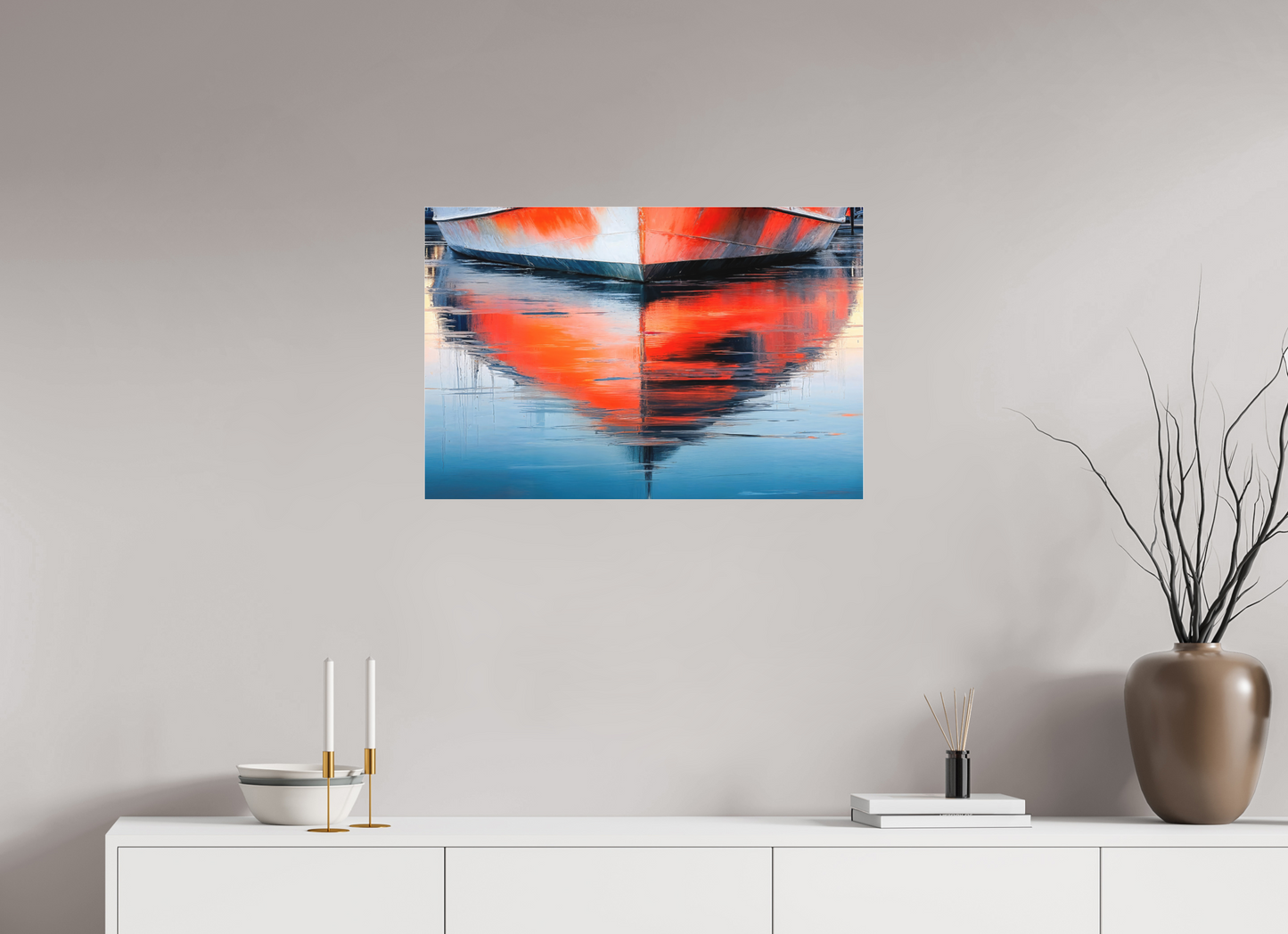 75 x 50 cm, Fine Art Pigmentdruck hinter Acrylglas Wasserspiegelung Bootsrumpf-01