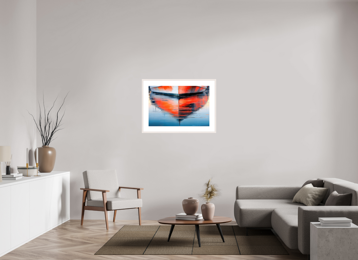 90 x 60 cm, Fine Art Print gerahmt Wasserspiegelung Bootsrumpf-01