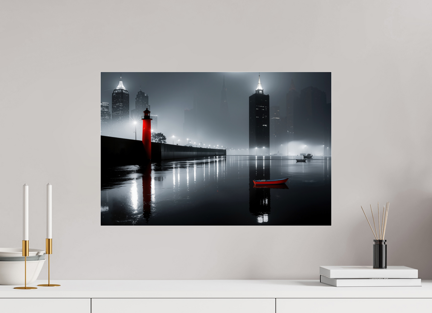 60 x 40 cm, Acrylglas glänzend standard Hafenstadt bei Nacht -noir city- 01
