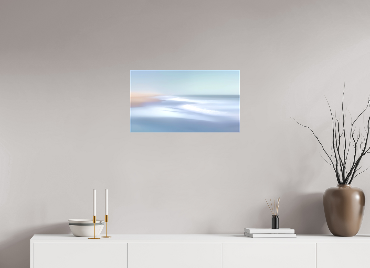 64 x 36 cm, Leinwand glänzend Verwehter Horizont – Strandlicht in Blau