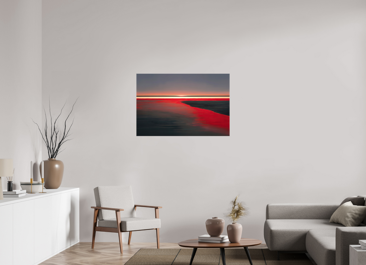 105 x 70 cm, Leinwand glänzend Roter Spiegel des Watts, Abstraktes, surreales Wandbild zeigt die Magie des Wattenmeeres