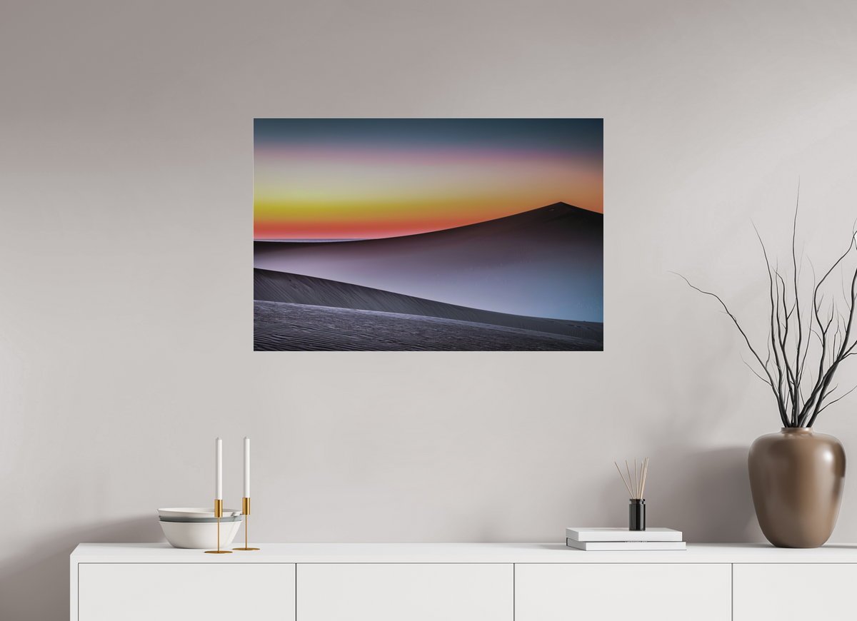 90 x 60 cm, Fine Art Pigmentdruck hinter Acrylglas Dämmerung über der Düne—Wandkunst, Fine Art Print, Leinwand, Acryldruck, Alu-Dibond