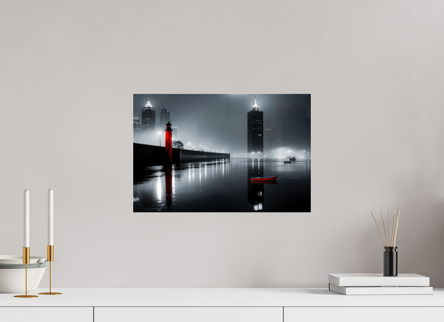 45 x 30 cm, Acrylglas glänzend standard Hafenstadt bei Nacht -noir city- 01