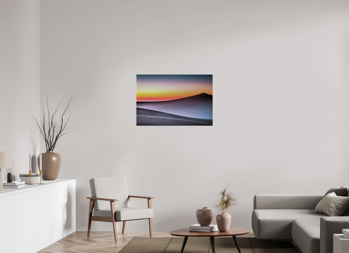 90 x 60 cm, Leinwand glänzend Dämmerung über der Düne—Wandkunst, Fine Art Print, Leinwand, Acryldruck, Alu-Dibond